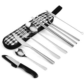 Hecef 10 Pcs Portable Cutlery Set with Carrying Bag, Reusable Stainless Steel Utensils for Work, School,Camping, Travel