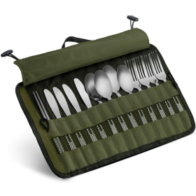 13 Piece Stainless Steel Family Cutlery Picnic Utensil Set with Travel Case for Camping | Hiking | BBQs - Includes Forks | Spoons | Knifes | Chopstick